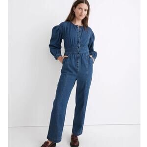 Madewell Denim Straight Leg Jumpsuit Womens Size 2 Cotton Hemp Puff Sleeve Fall